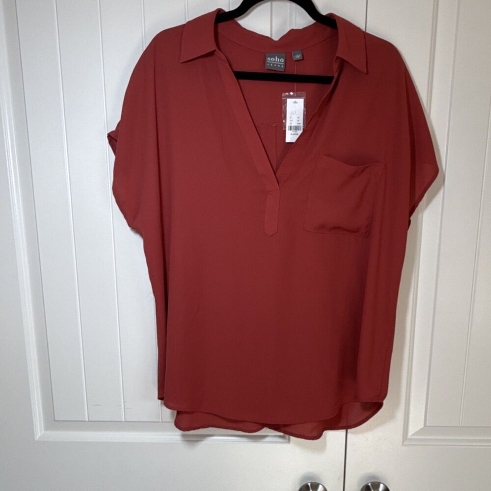 Soho New York & Company Red Org V-Neck Button Dolman Sleeve Blouse Polyester XL